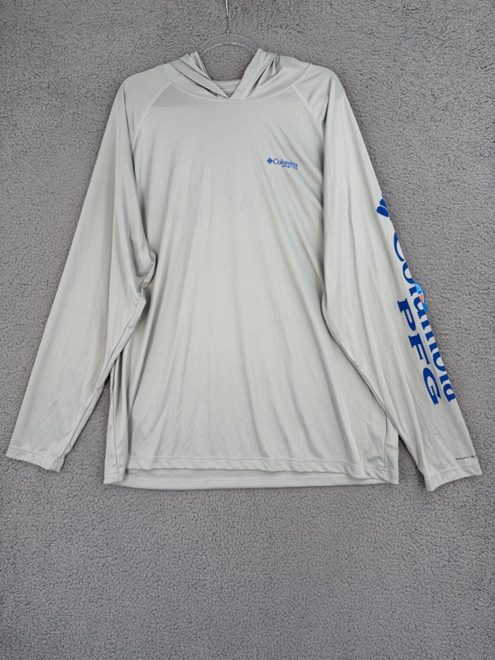Columbia PFG Long sleeve hoodie Omni-wick Omni-shade Gray Shirt Blue Sleeve Logo